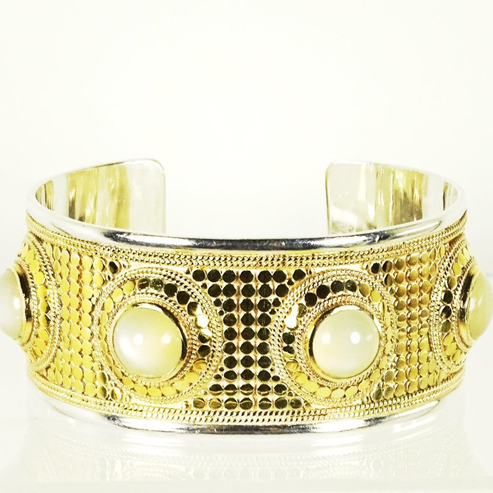 ANNA BECK Sterling Silver 18K Gold Agate Cabochons Cuff Bracelet